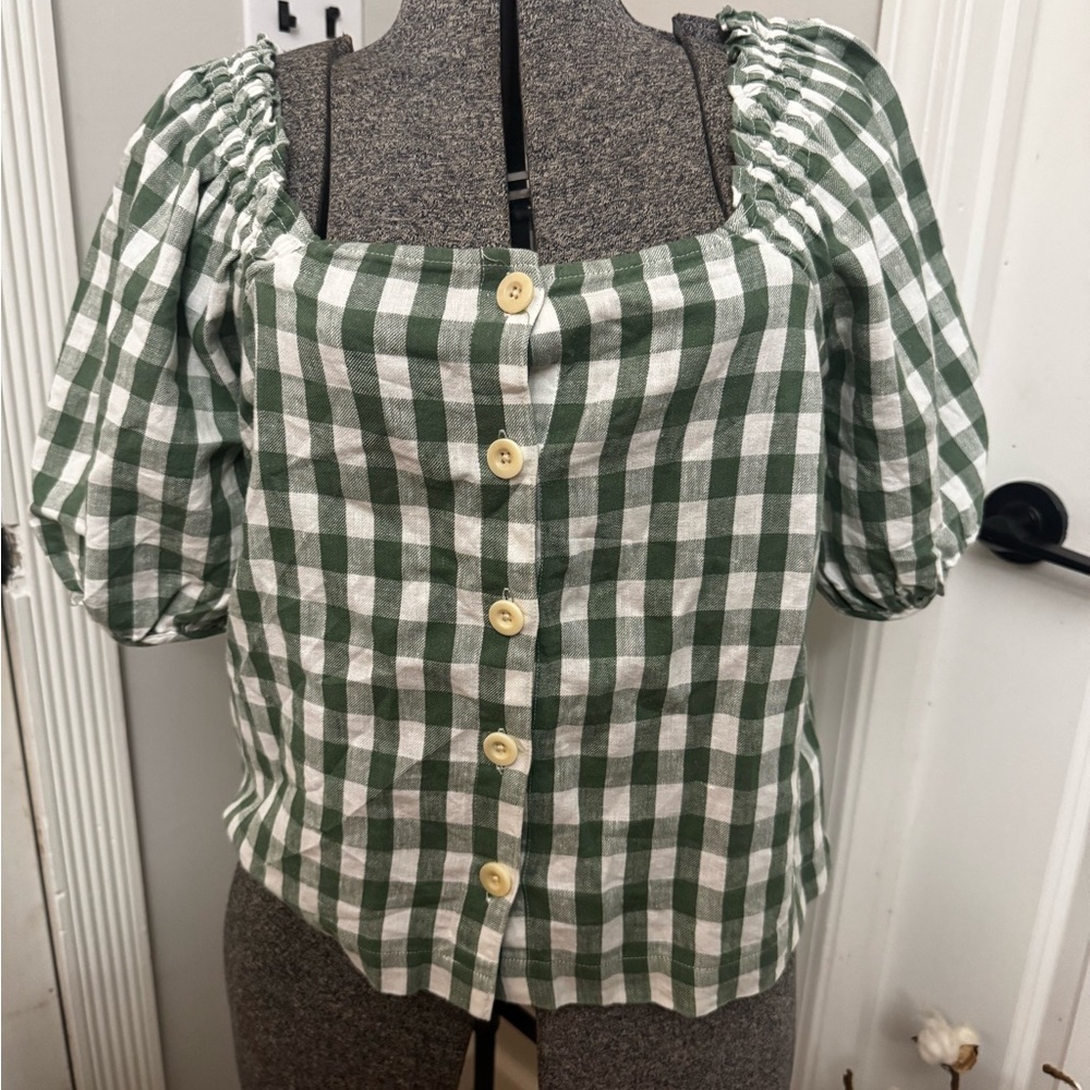 Women’s Madewell Green and White Puff Sleeve Square Neck Top size Medium